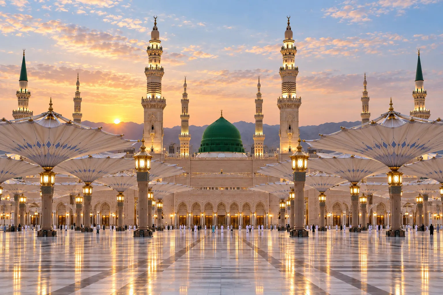 المسجد النبوي بقبته الخضراء ومظلاته