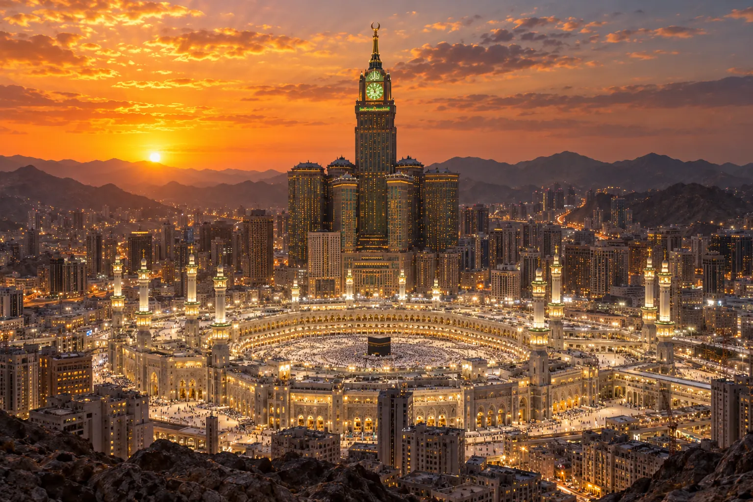 المسجد الحرام وبرج الساعة عند الغروب